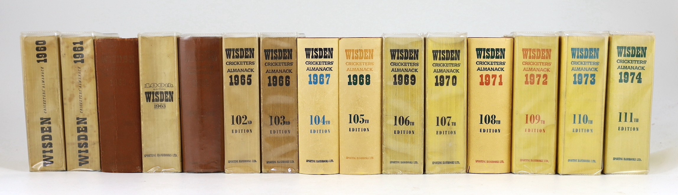Wisden, John - Cricketers Almanack for the years 1960 (97th edition) - 1974 (111th edition), original hardbacks for, 1962, 1964, and, with dust jackets, 1967-68 and 1971, with original limp cloth wrappers for 1960-61, ce